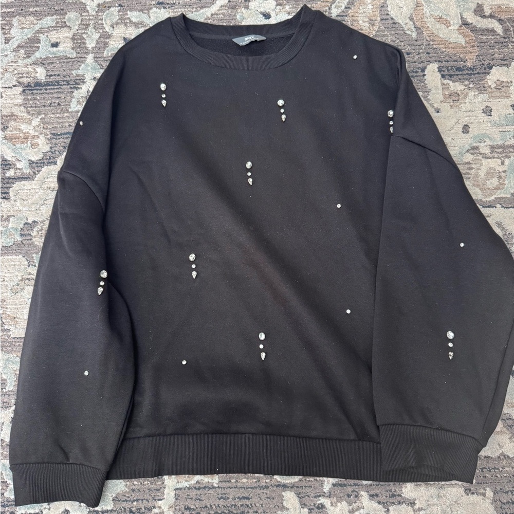 Black Crewneck Sweater with Subtle Crystal Accents